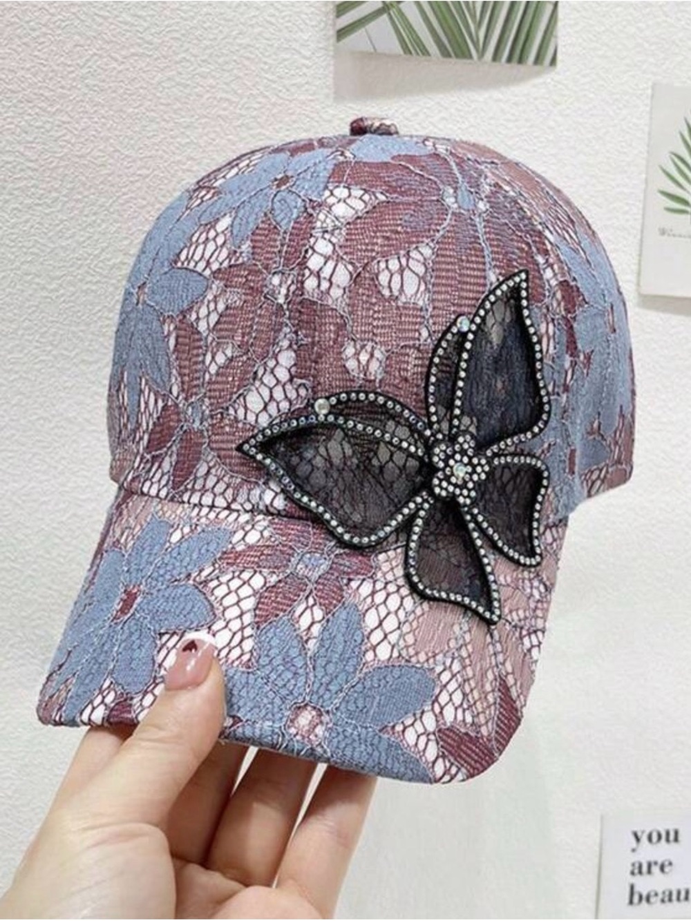 Lace Floral Baseball Cap with Rhinestone Butterfly - Pink & Blue